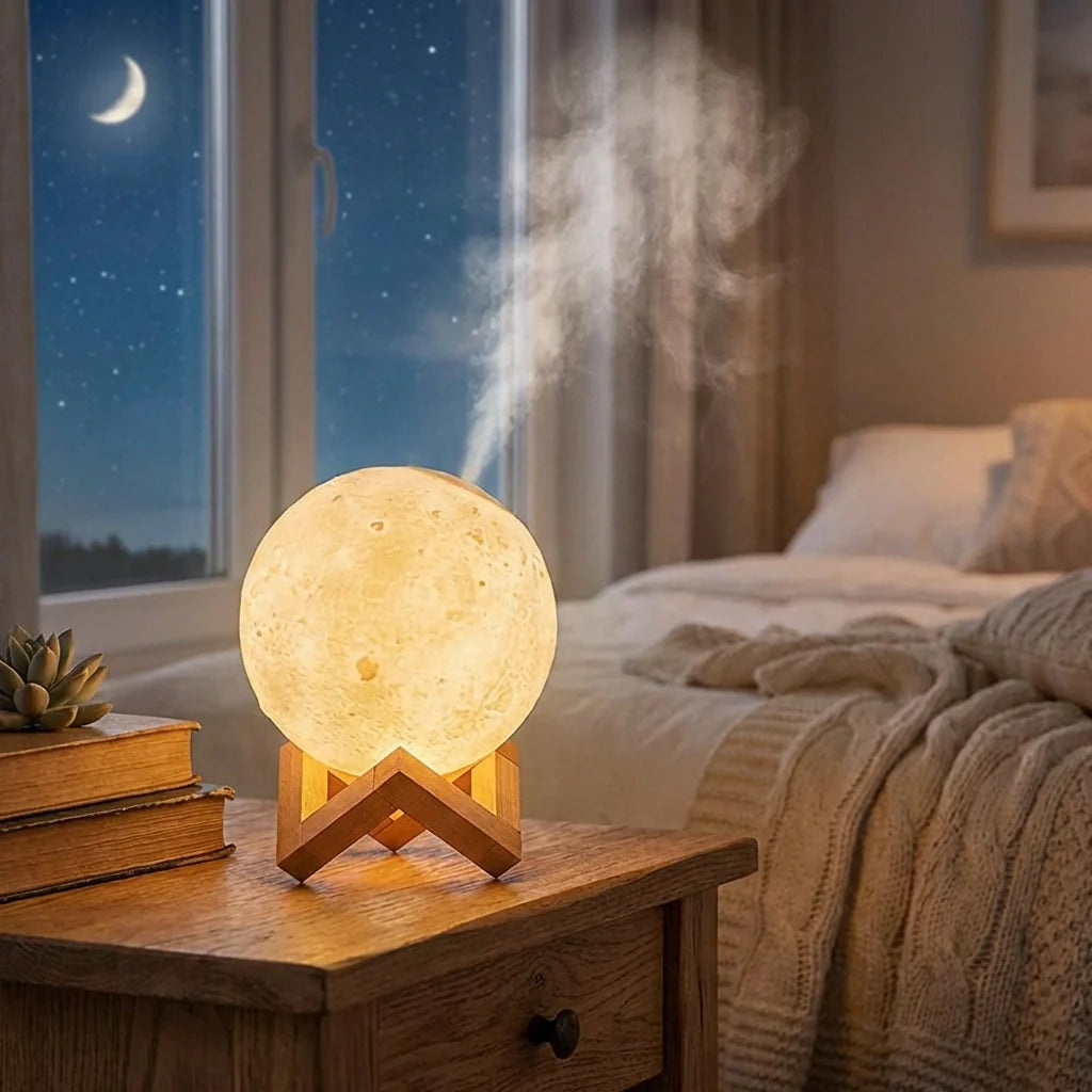 Moon lamp diffuser, glowing beige sphere on wooden base with light haze