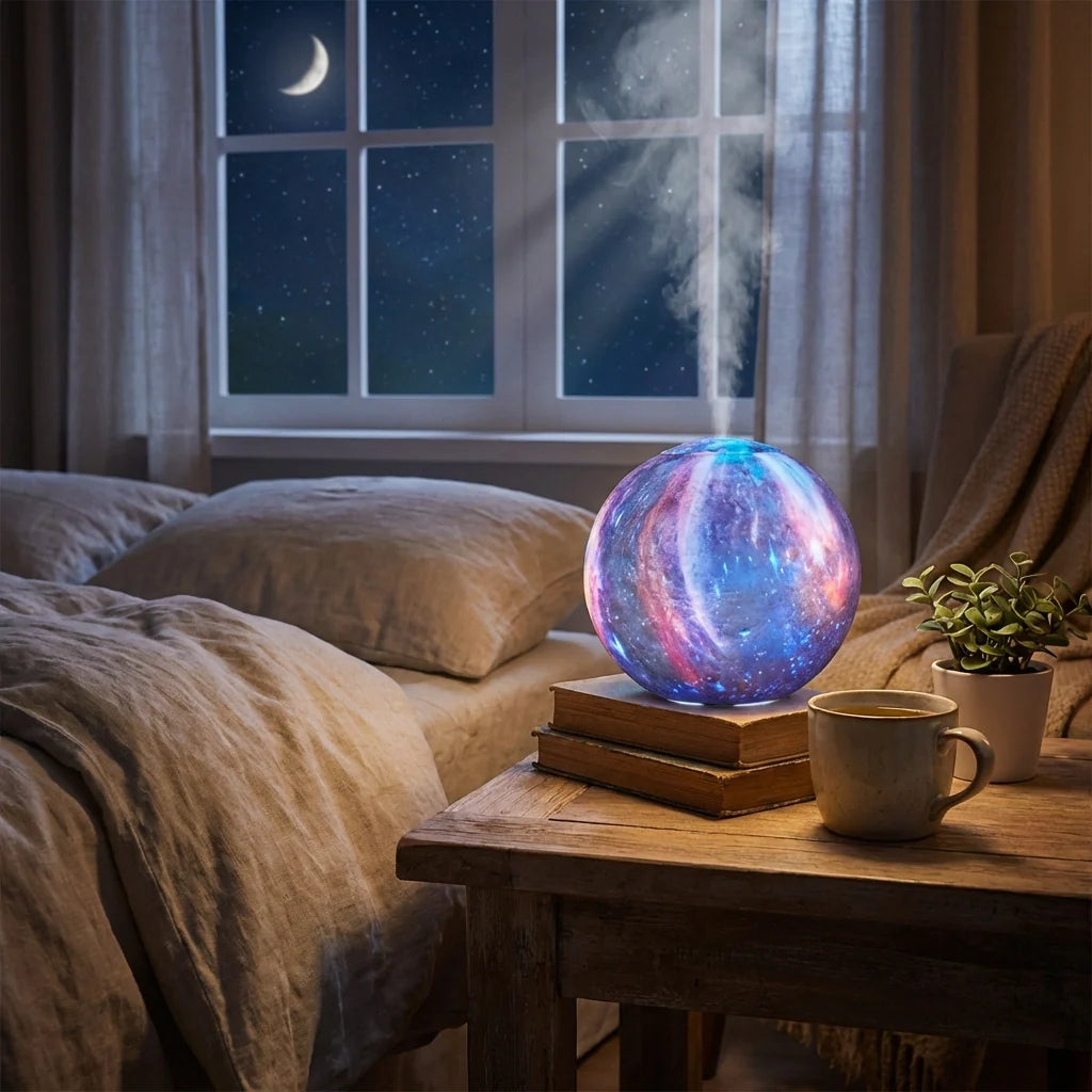 Moon lamp diffuser, glowing galaxy-style sphere on wooden base