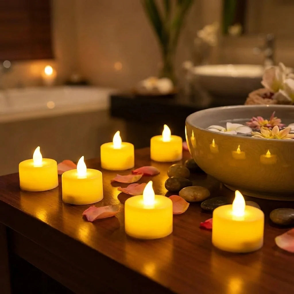 Yellow LED tealight candles with flame-effect tops, scattered across a surface