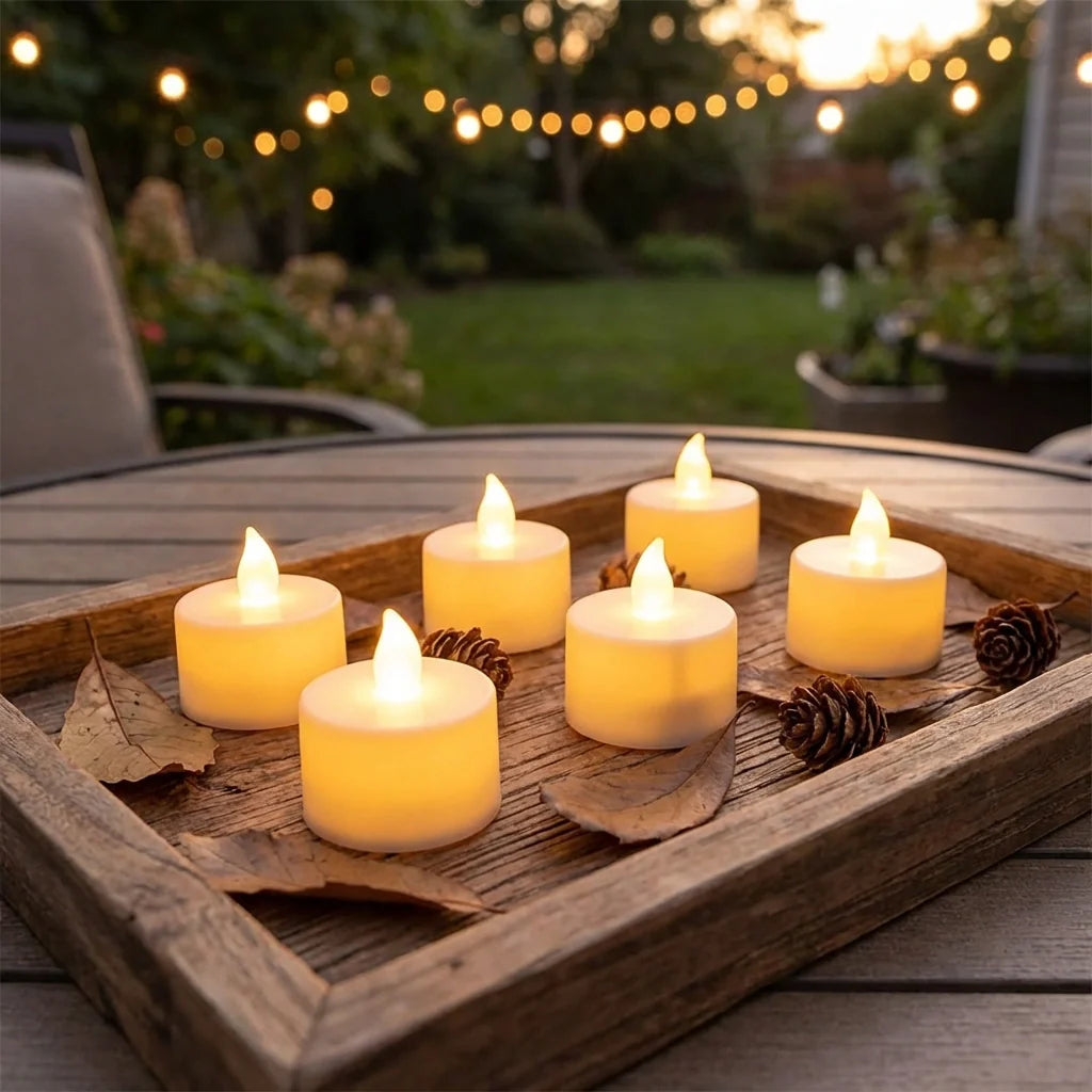 Yellow LED tealight candles on a wooden tray, with warm flame-effect lights