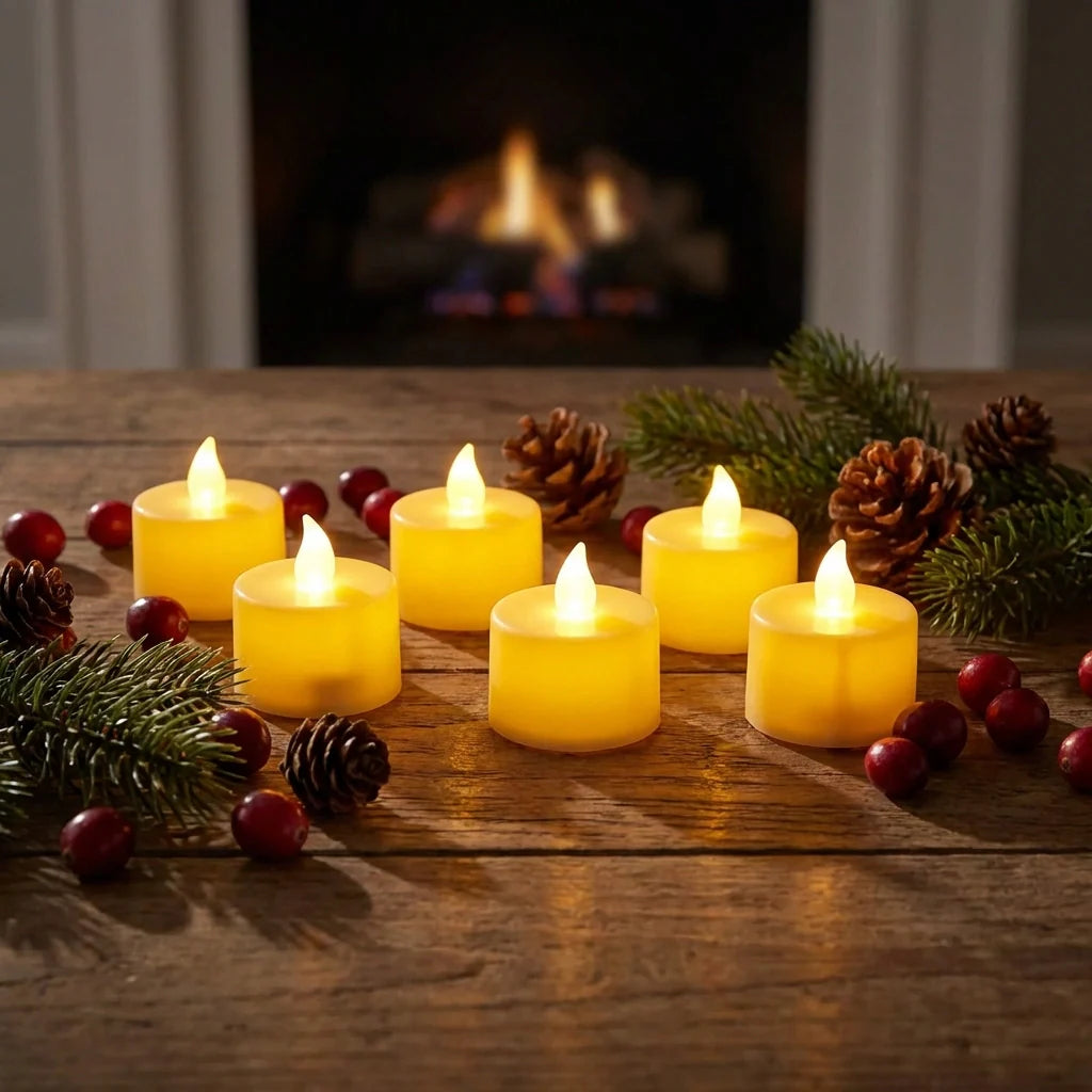 Yellow LED tealight candles with flame-effect tops, placed with pine and berries