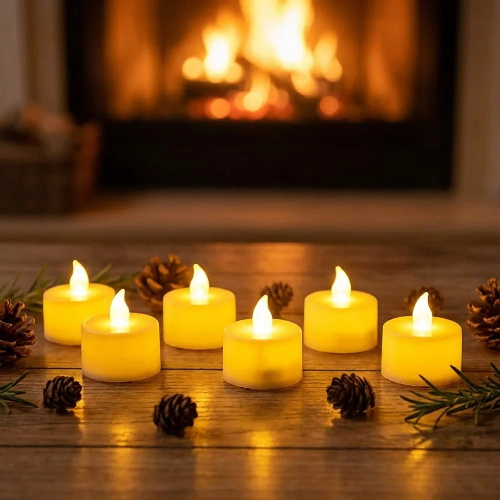 Yellow LED tealight candles with flame-effect tops, surrounded by pinecones