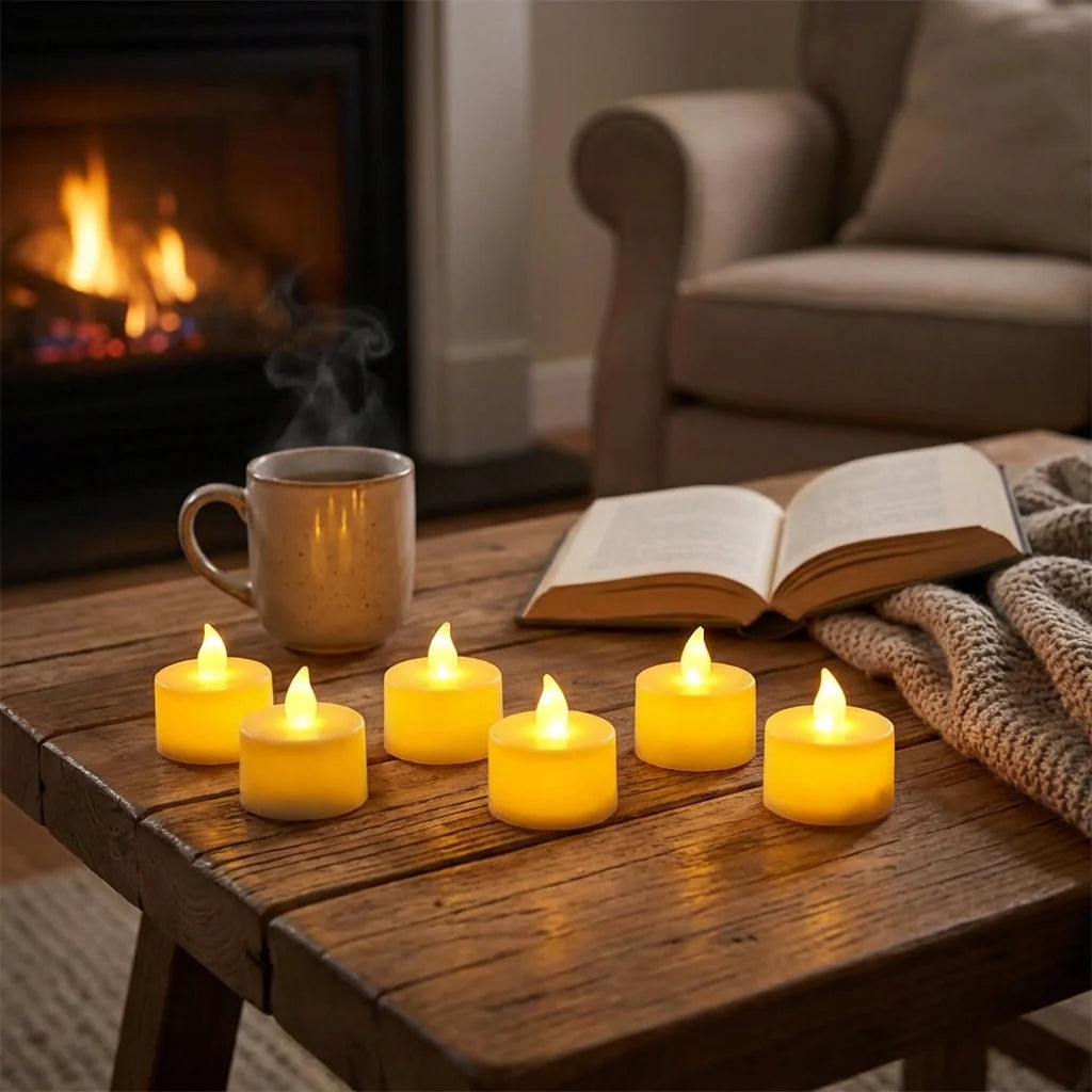 Yellow LED tealight candles with flame-effect tops, arranged in a row