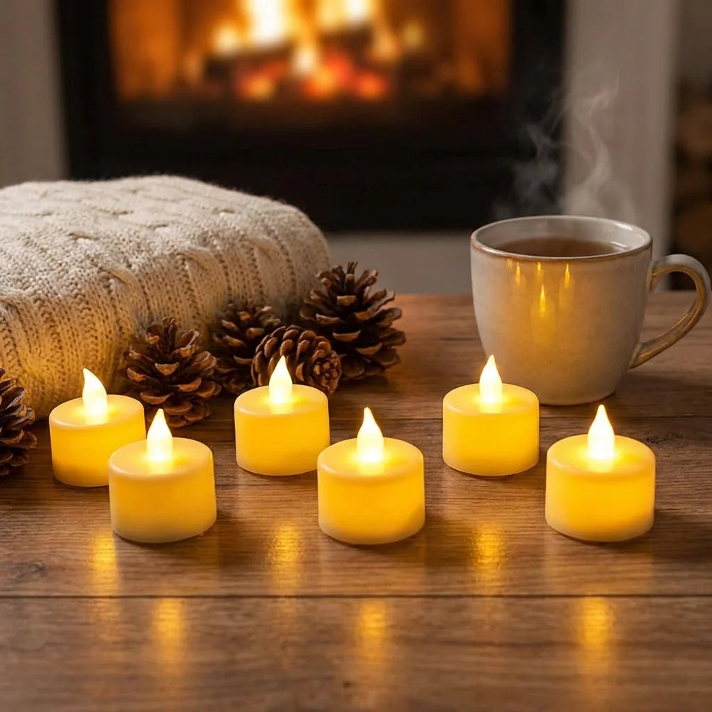 Yellow LED tealight candles with flame-effect tops, beside a mug and pinecones