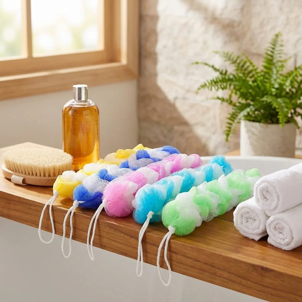 Long bath loofah scrubbers with colorful sponge loops and white hanging ties