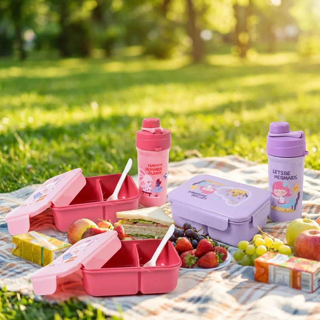 Kids picnic lunch set with pink and purple lunch boxes and matching bottles