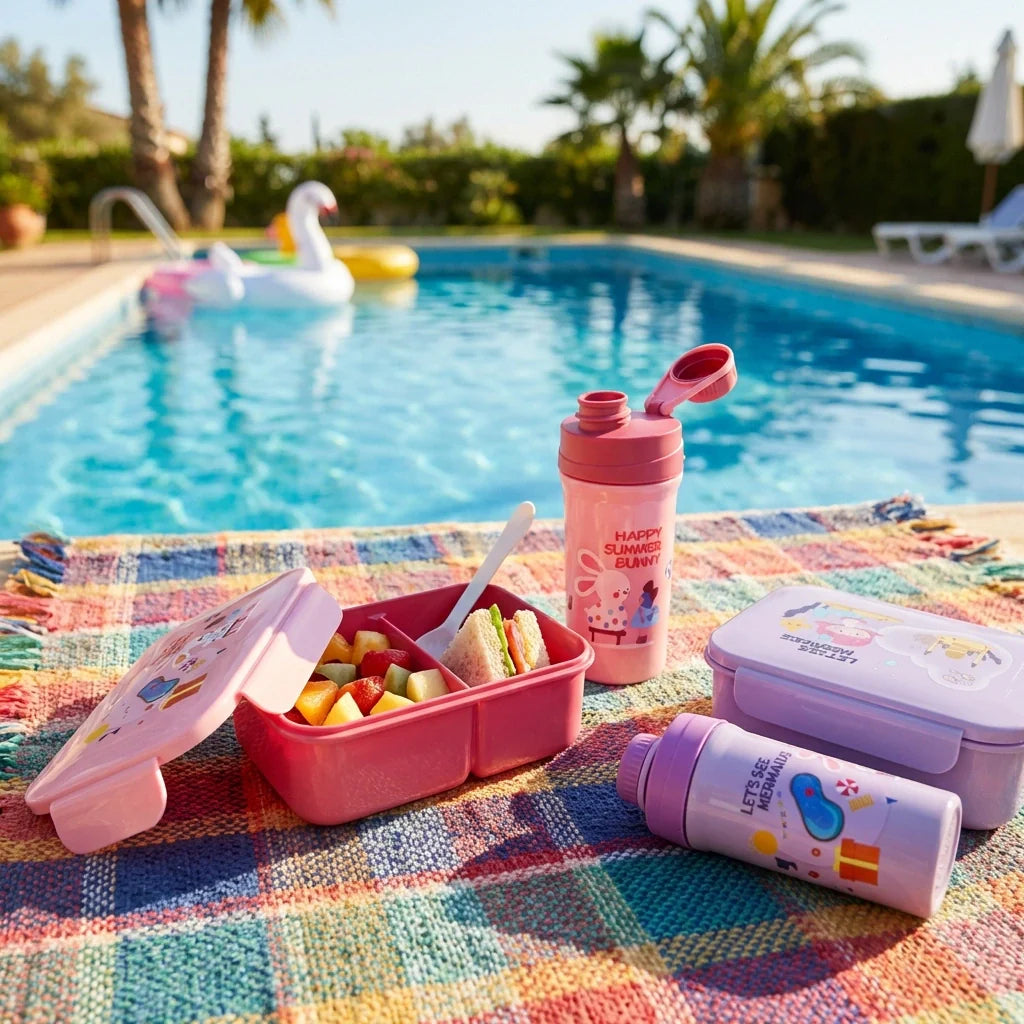 Kids lunch box and bottle set with pink lunch box, purple bottle, and flip caps