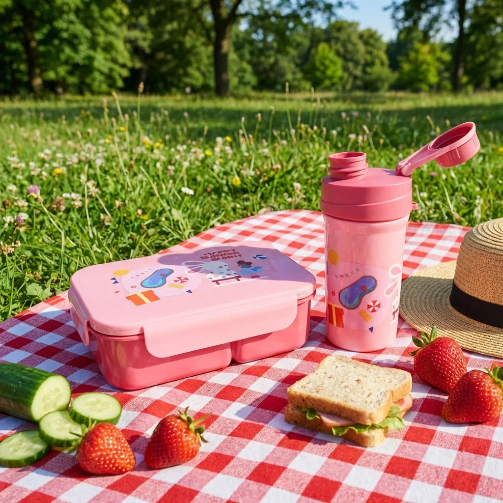 Kids pink lunch box with flip lid and matching bottle with straw-style spout