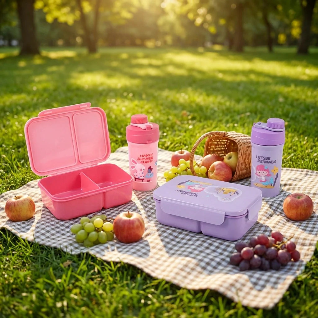 Kids lunch box and bottle set in pink and lavender with flip lids and handles