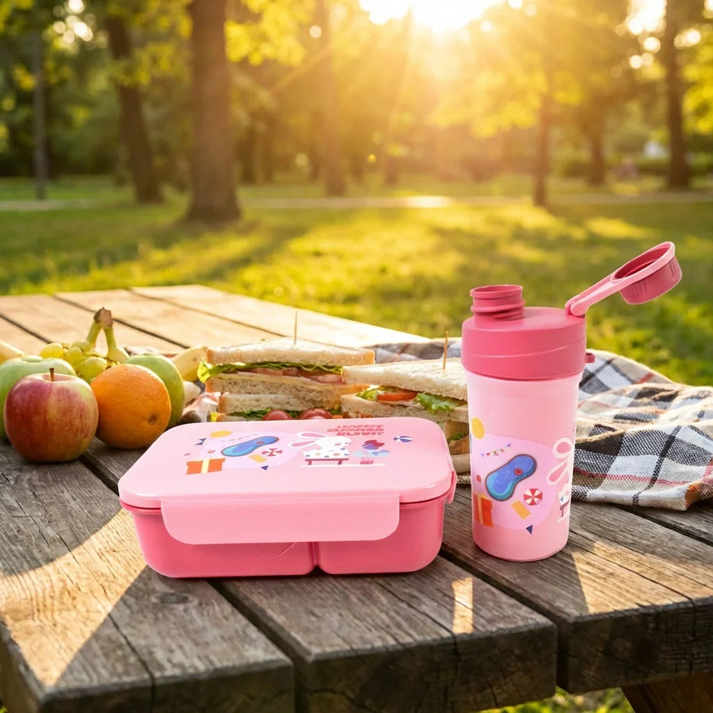 Kids pink lunch box with flip lid and matching bottle with flip-top straw spout