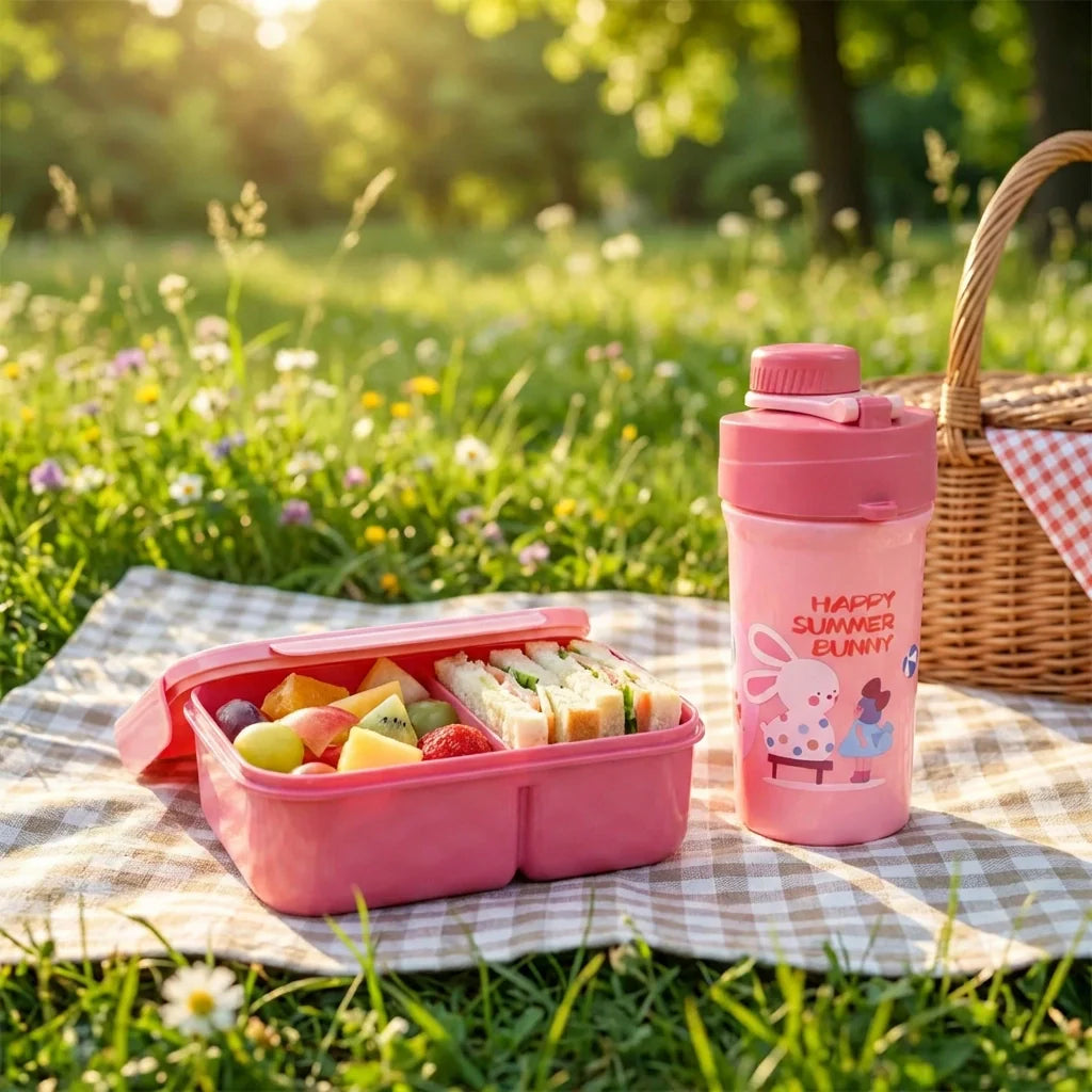 Kids pink lunch box with clear window lid and matching bottle with flip-top cap