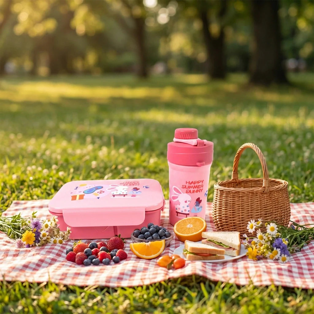 Kids pink lunch box with flip lid and matching bottle with flip-top cap