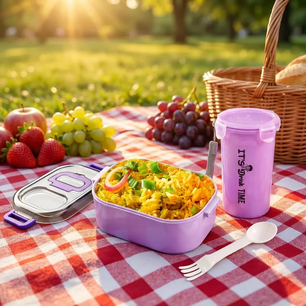 Lavender lunch box with cutlery, clear lid, and tall snack cup on picnic blanket