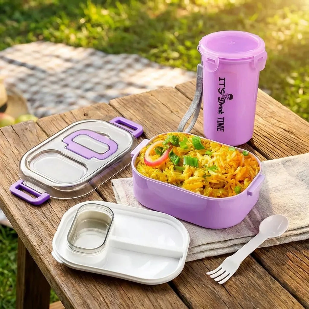 Lavender lunch box set with cutlery and clear divider, plus tall snack cup