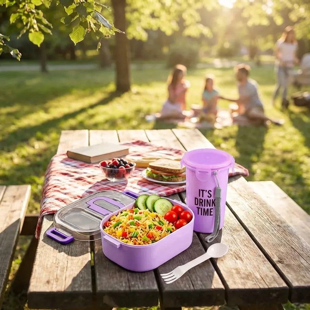 Lavender lunch box set with cutlery and tall snack cup on picnic table