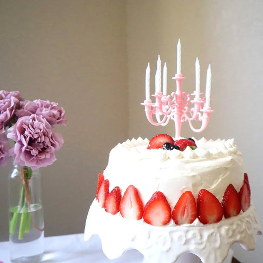 Reusable cake candle set with pink and white 7-wick holder