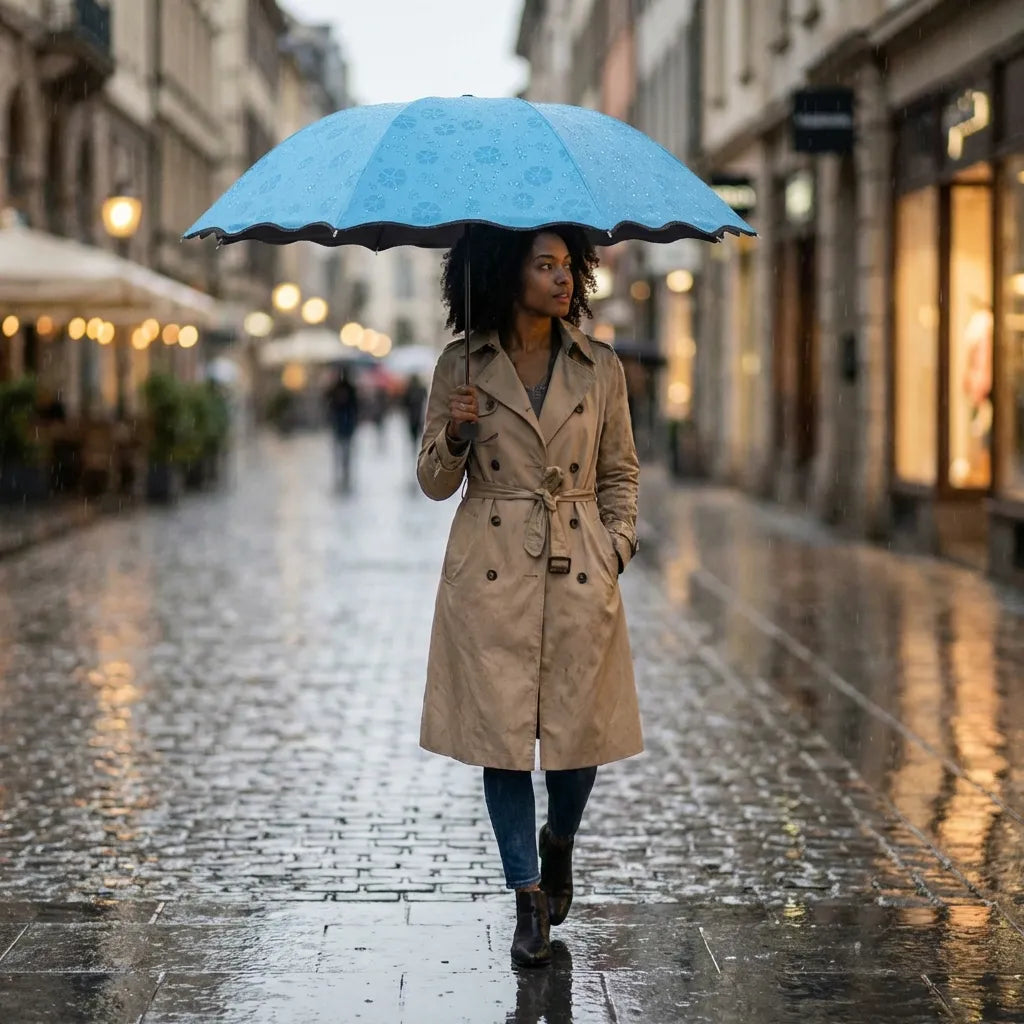Blue flower-pattern umbrella with black border, held upright while walking