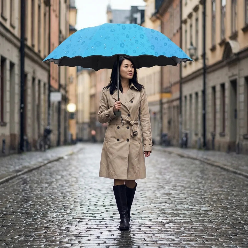 Blue flower-pattern umbrella with black scalloped edge, held open above person