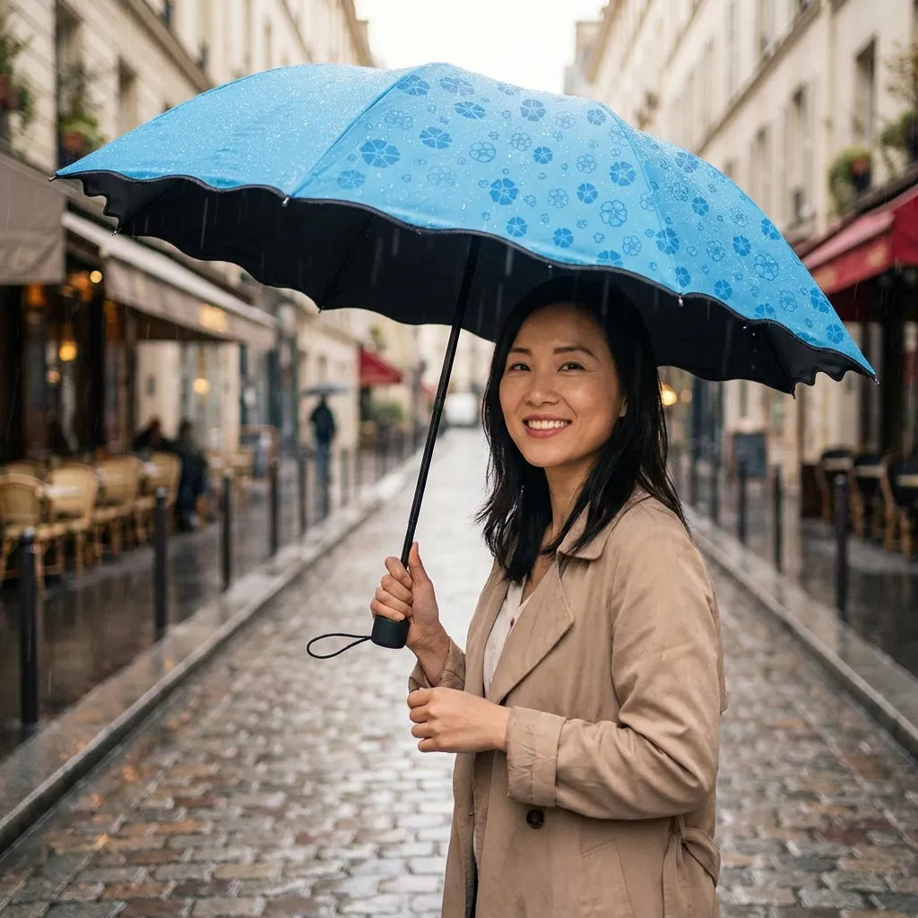 Blue patterned umbrella with black underside trim, open above a smiling person