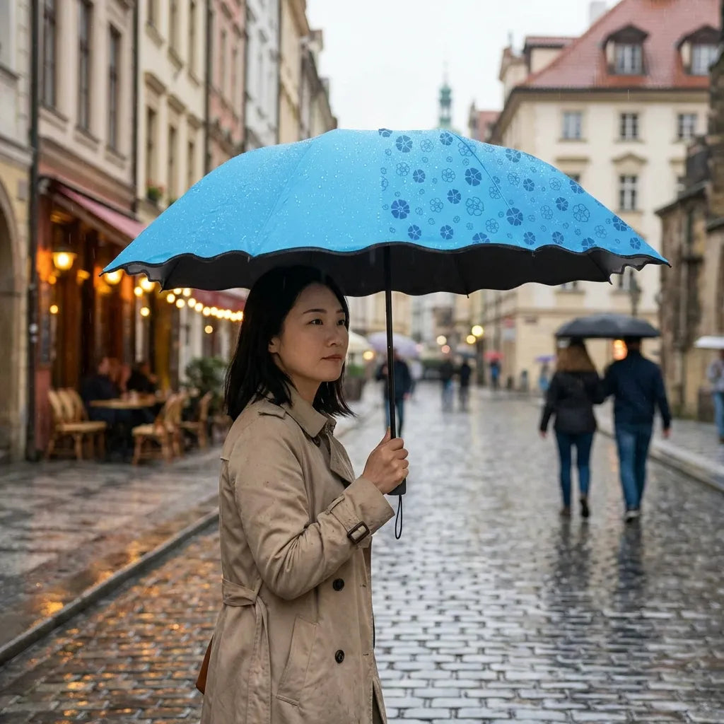 Blue flower-pattern umbrella with black scalloped edge, held open by a person