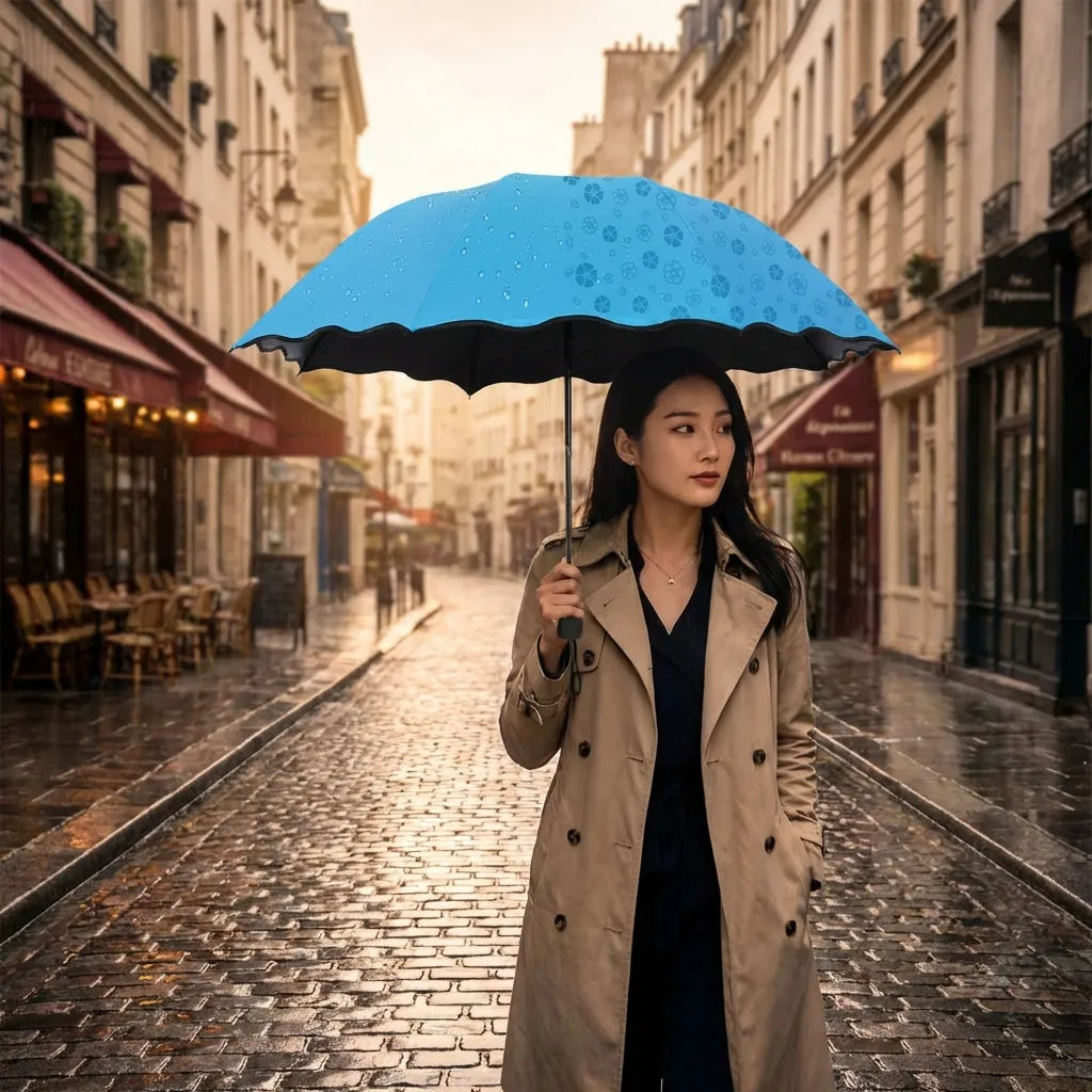 Blue flower-pattern umbrella with black scalloped edge, held open outdoors