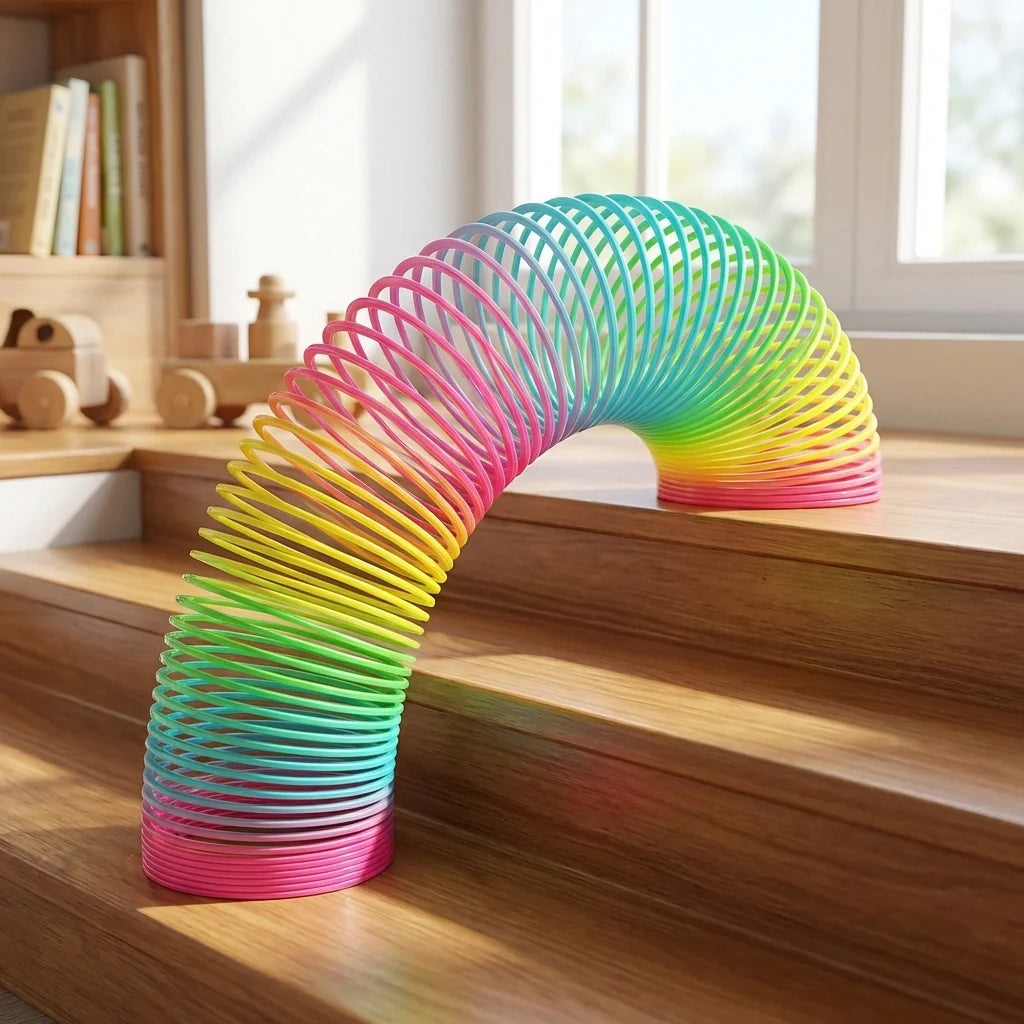Rainbow coiled spring toy in a curved arch shape