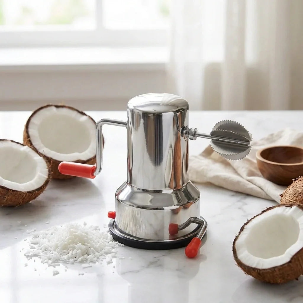 Manual coconut scraper machine in stainless finish with serrated coconut scraping blade