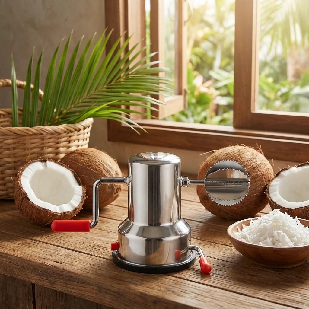 Manual coconut scraper machine with red handle accents and serrated rotary scraping wheel