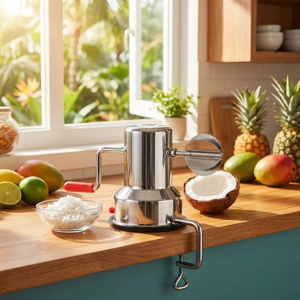 Manual coconut scraper machine with stainless top and crank handle; serrated coconut blade