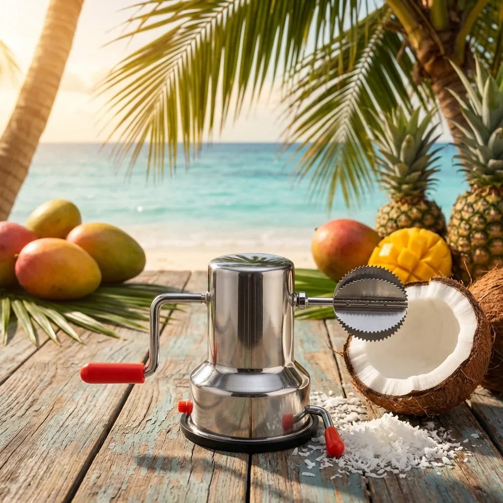Manual coconut scraper machine with stainless body, red handles, and serrated coconut wheel