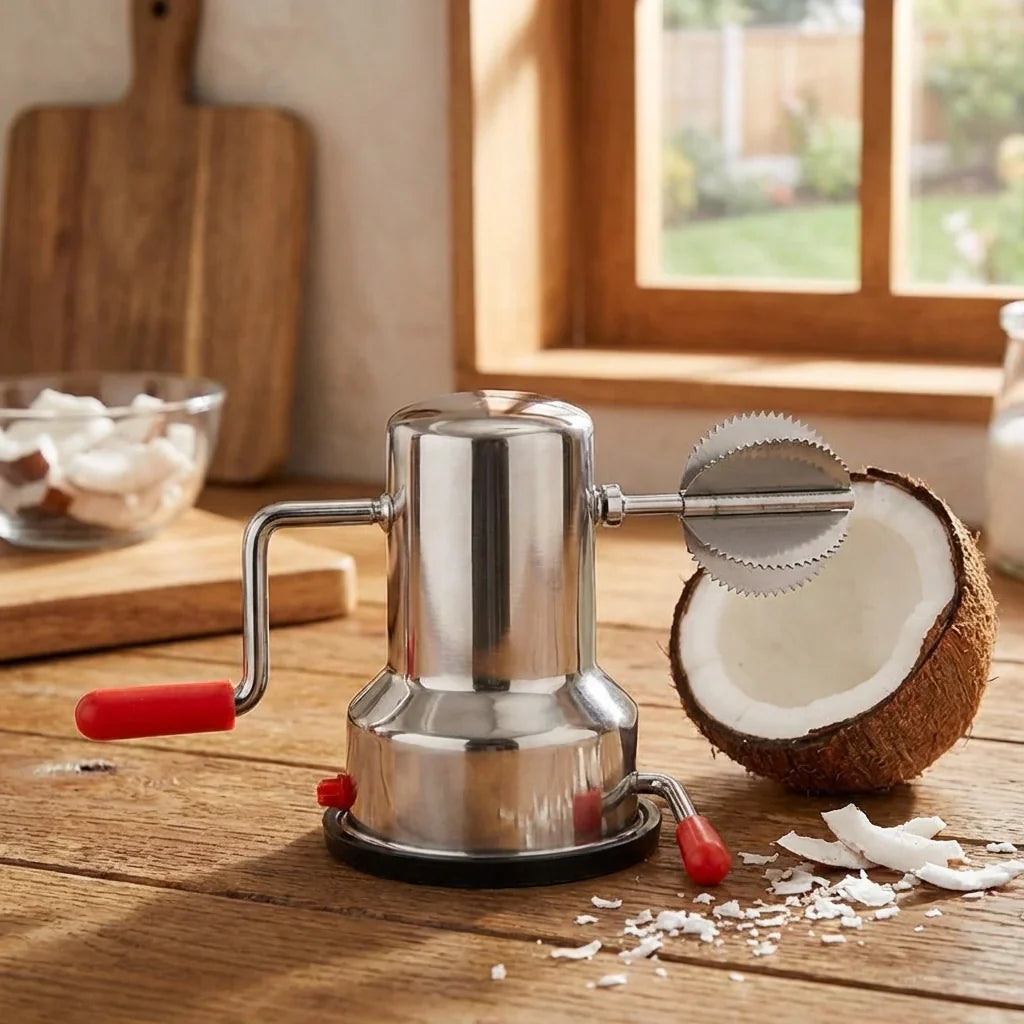 Manual coconut scraper machine with stainless press base and serrated wheel; coconut pieces