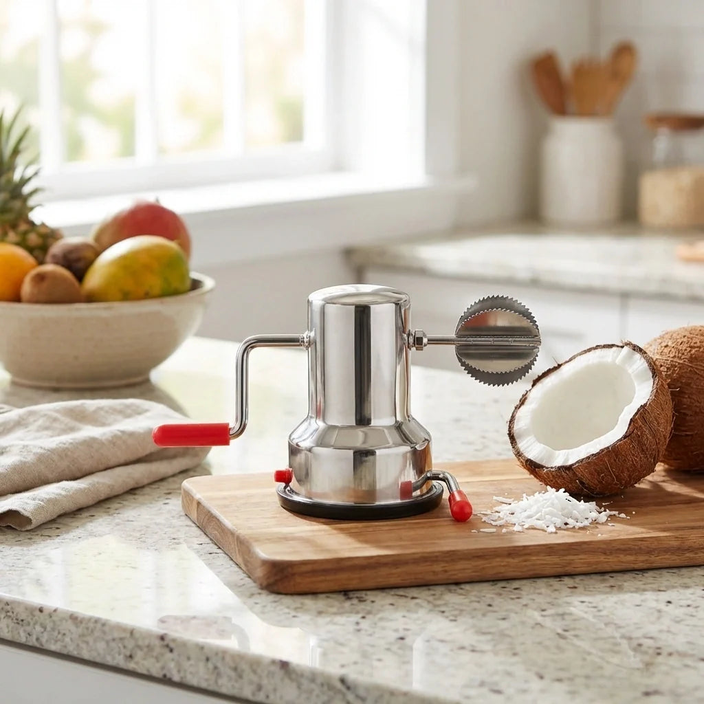 Manual coconut scraper machine on wooden board; stainless body with serrated coconut blade