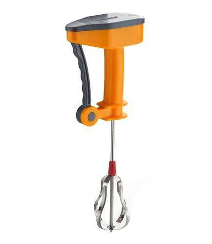 Manual power-free blender with orange body and metal whisk attachment