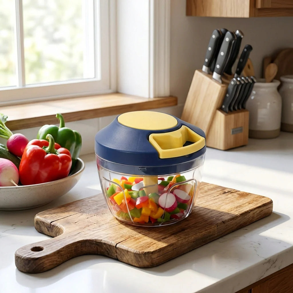 Handheld manual vegetable chopper with glass bowl and yellow lid handle