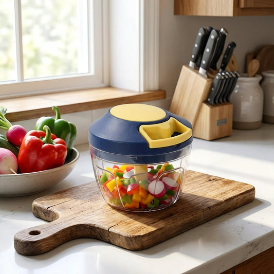 Handheld manual vegetable chopper with glass bowl and yellow lid handle