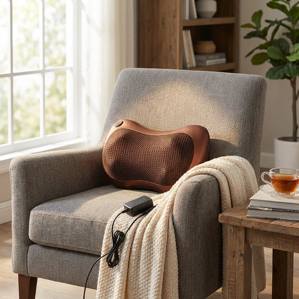 Massage pillow with heat reclined on a sofa arm; mesh back and connected cord.