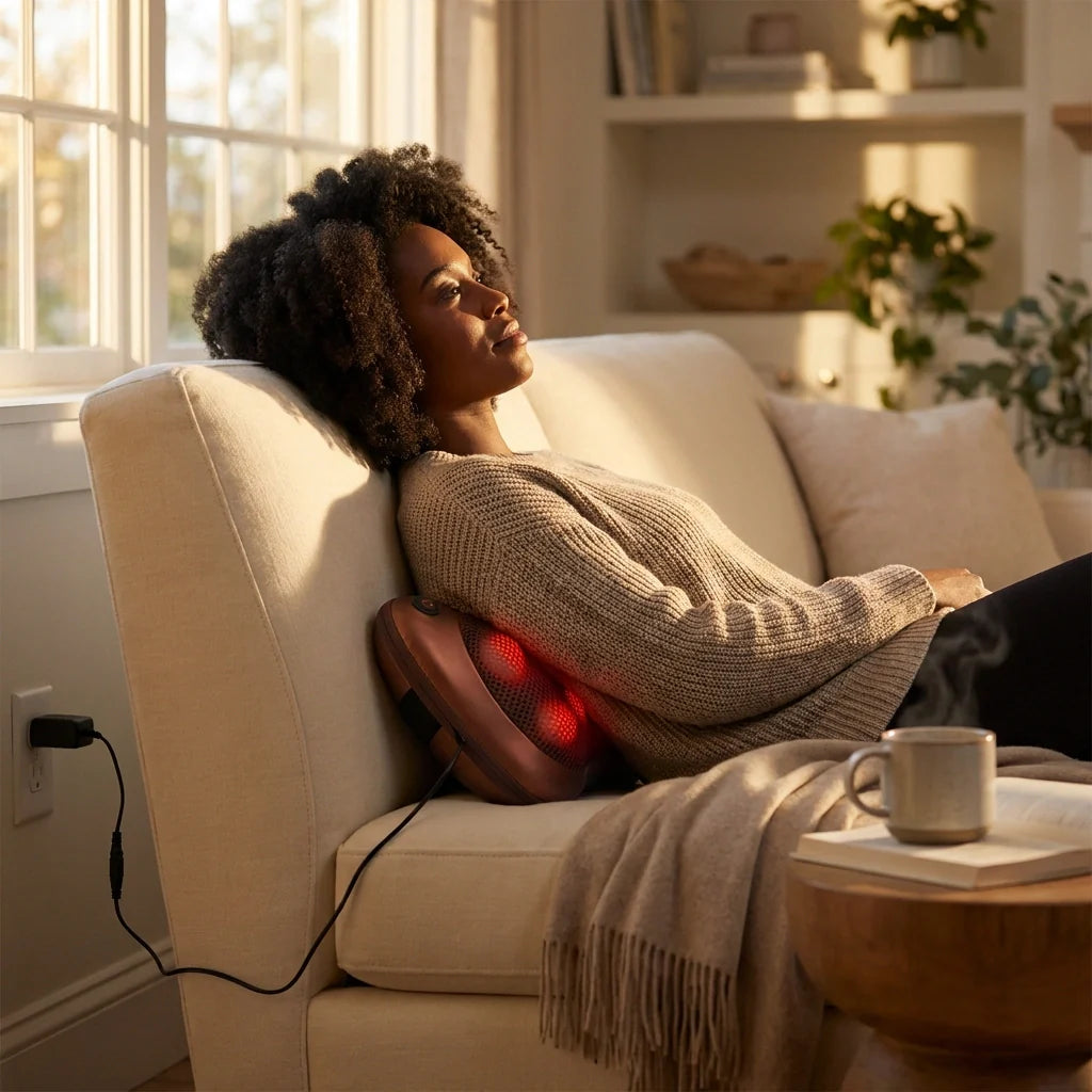 Massage pillow with heat on couch with mesh back and glowing red heat panels.