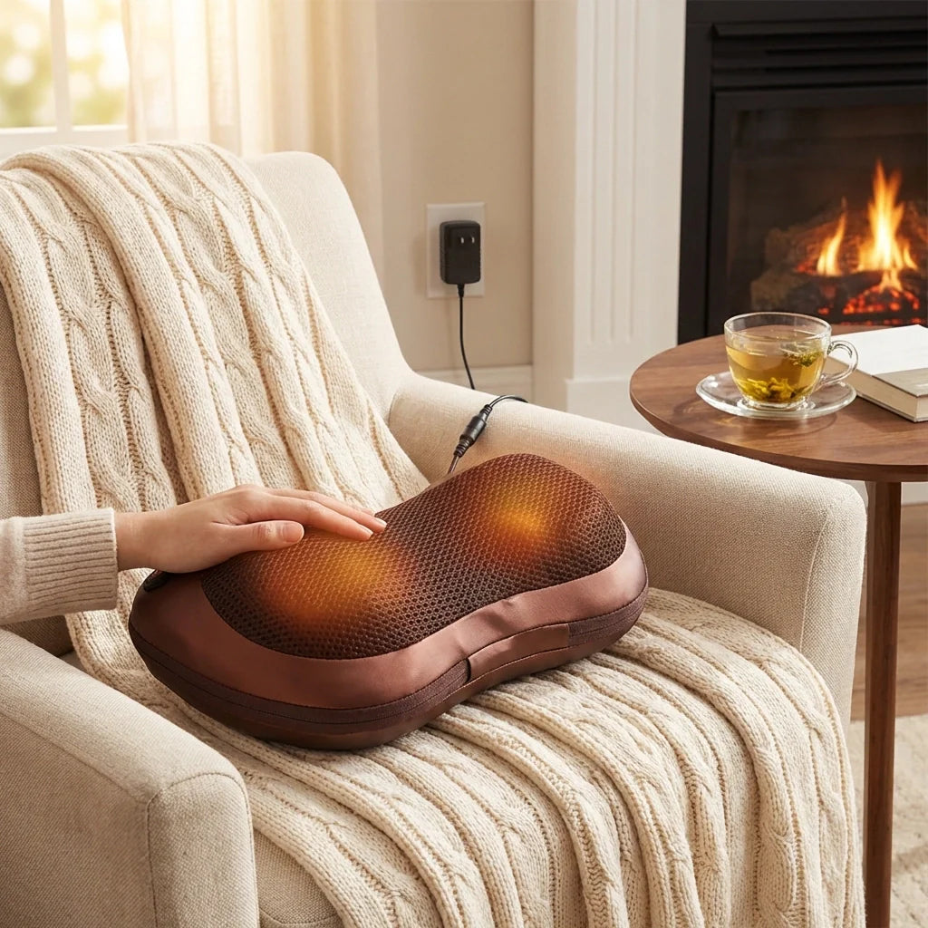 Massage pillow with heat lying on a couch blanket; mesh surface and warm glow.