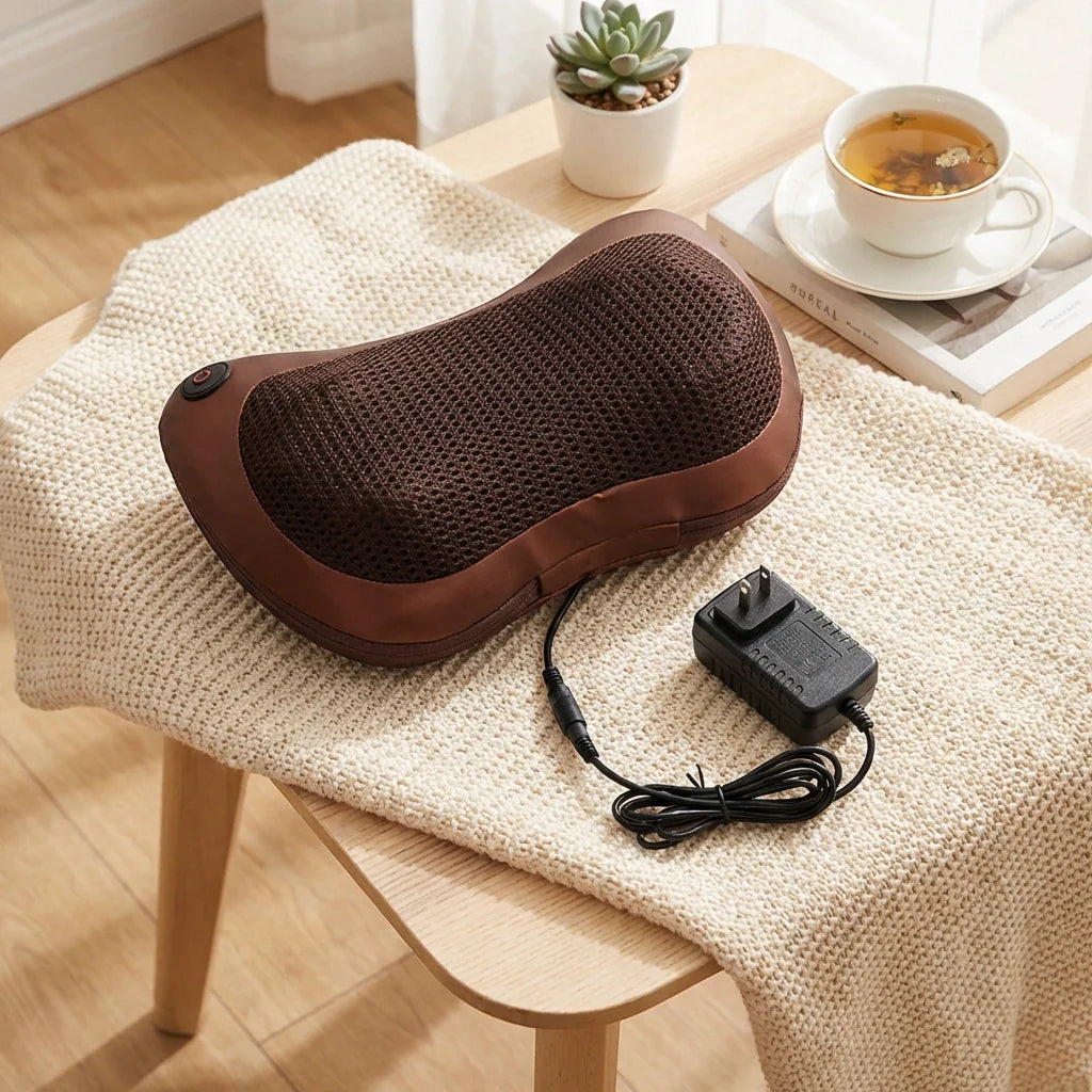 Massage pillow with heat on a chair with mesh surface and power adapter cord.