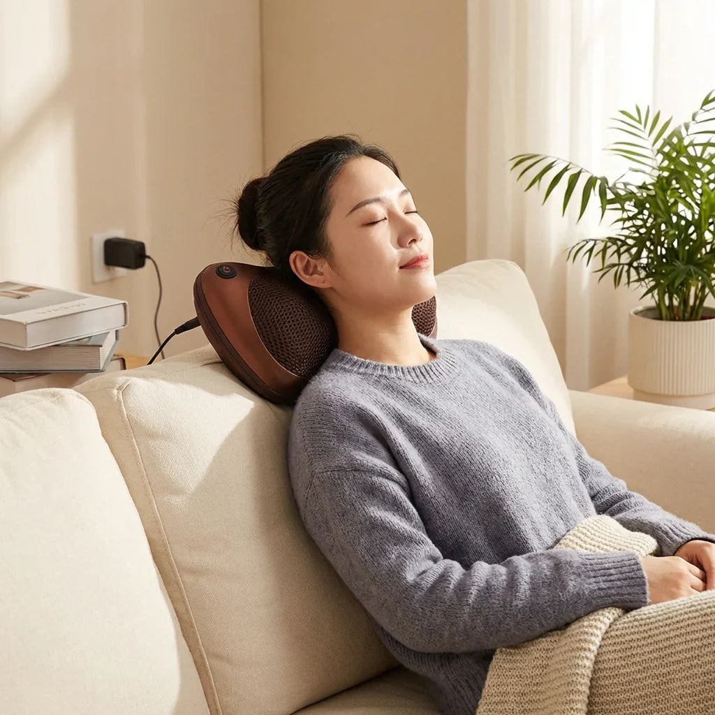 Heated massage pillow with mesh neck support resting on a couch cushion.