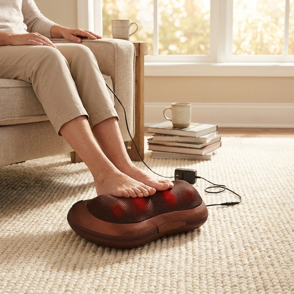 Heated massage pillow on the floor with glowing red heat dots and power cable.