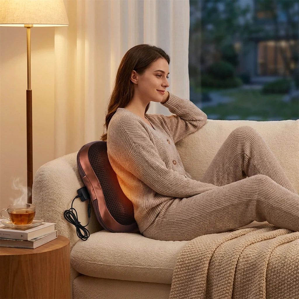 Heated massage pillow on a couch showing mesh panel and visible power cord.