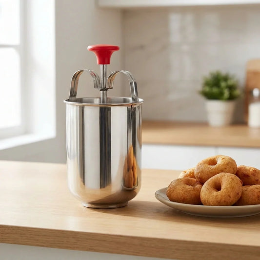 Stainless steel Medu vada maker with red lid and handle; stainless pot with vadas