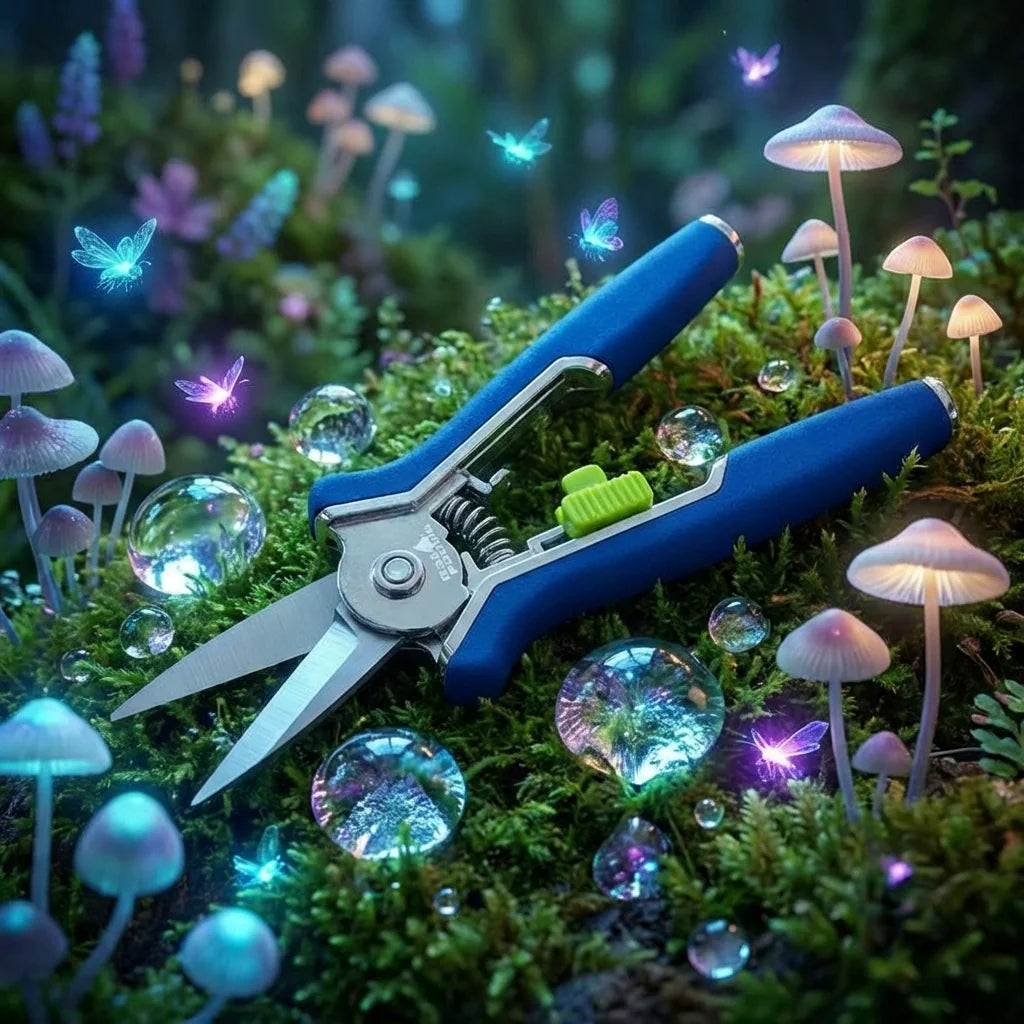 Micro garden pruning snip scissors with blue handles and silver blades with green latch.