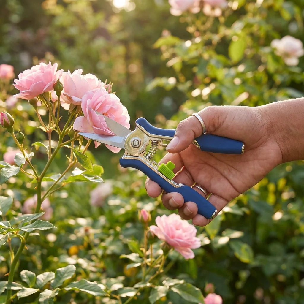 Hand holding micro garden pruning snip scissors near pink flowers; blue handles, silver blades.