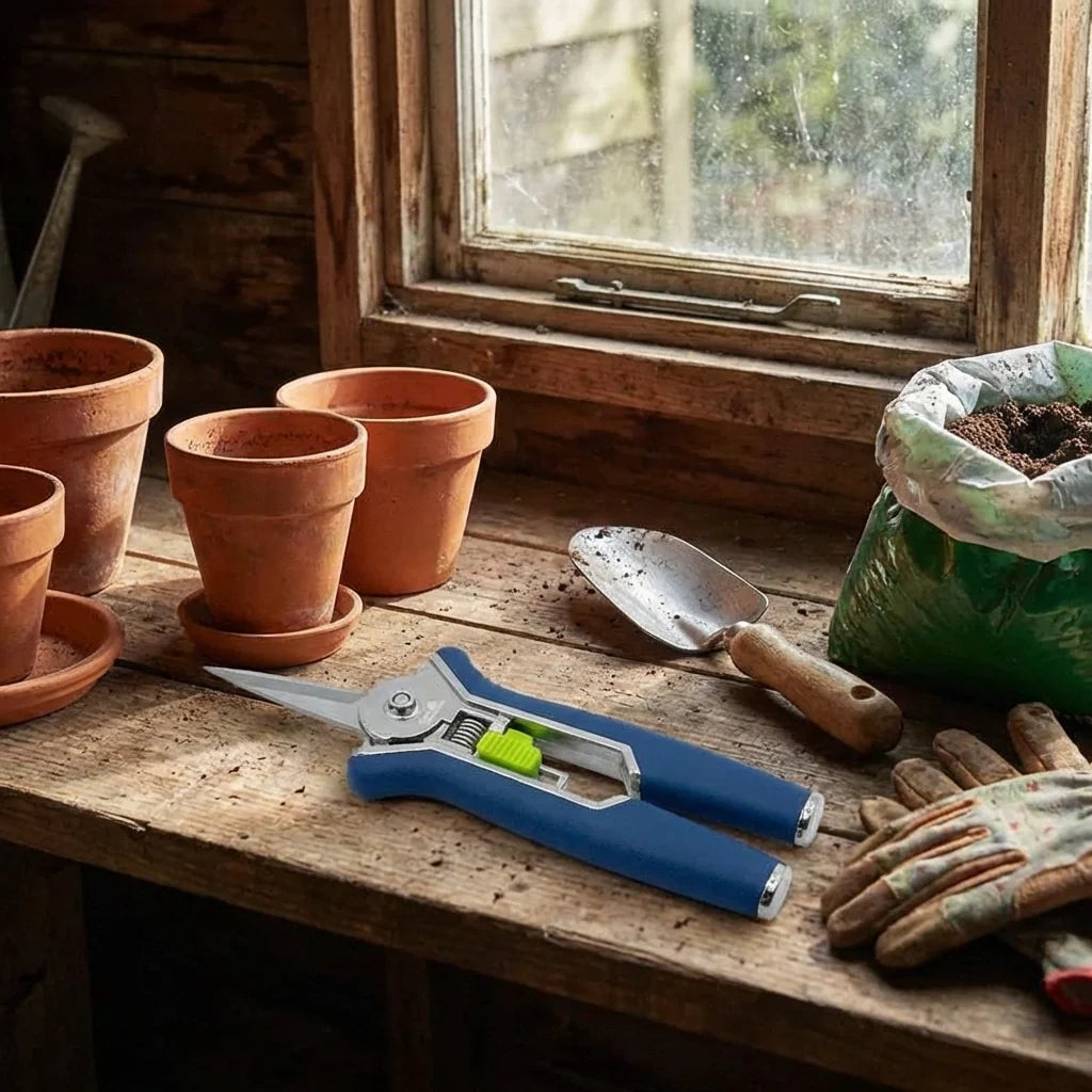 Micro garden pruning snip scissors with blue handles and silver blades on bench.