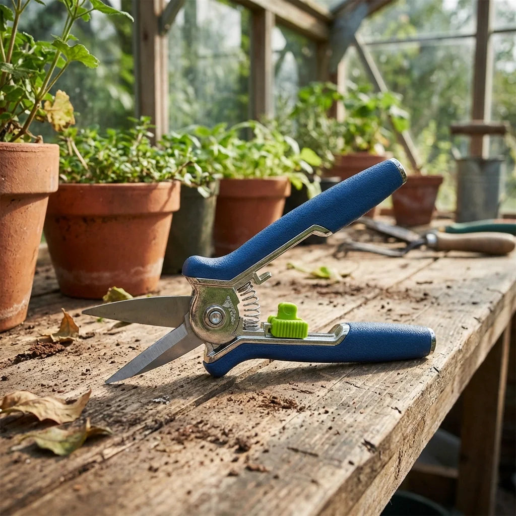 Micro garden pruning snip scissors on blue grips, silver blades, green locking piece.