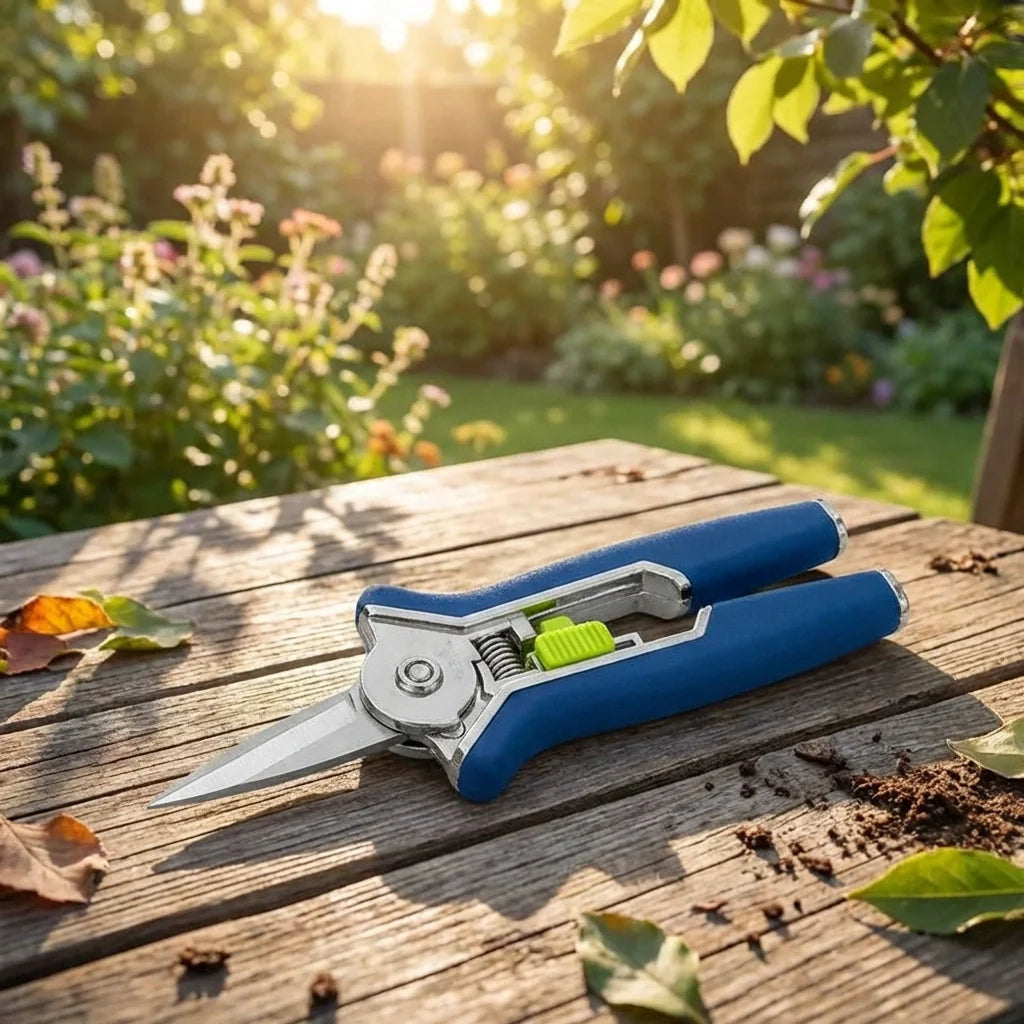 Micro garden pruning snip scissors laid on wood with blue handles, silver blades, green latch.