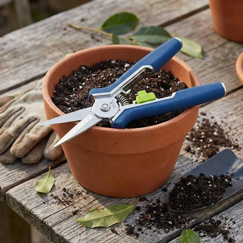 Micro garden pruning snip scissors with blue handles, silver blades, and green latch.
