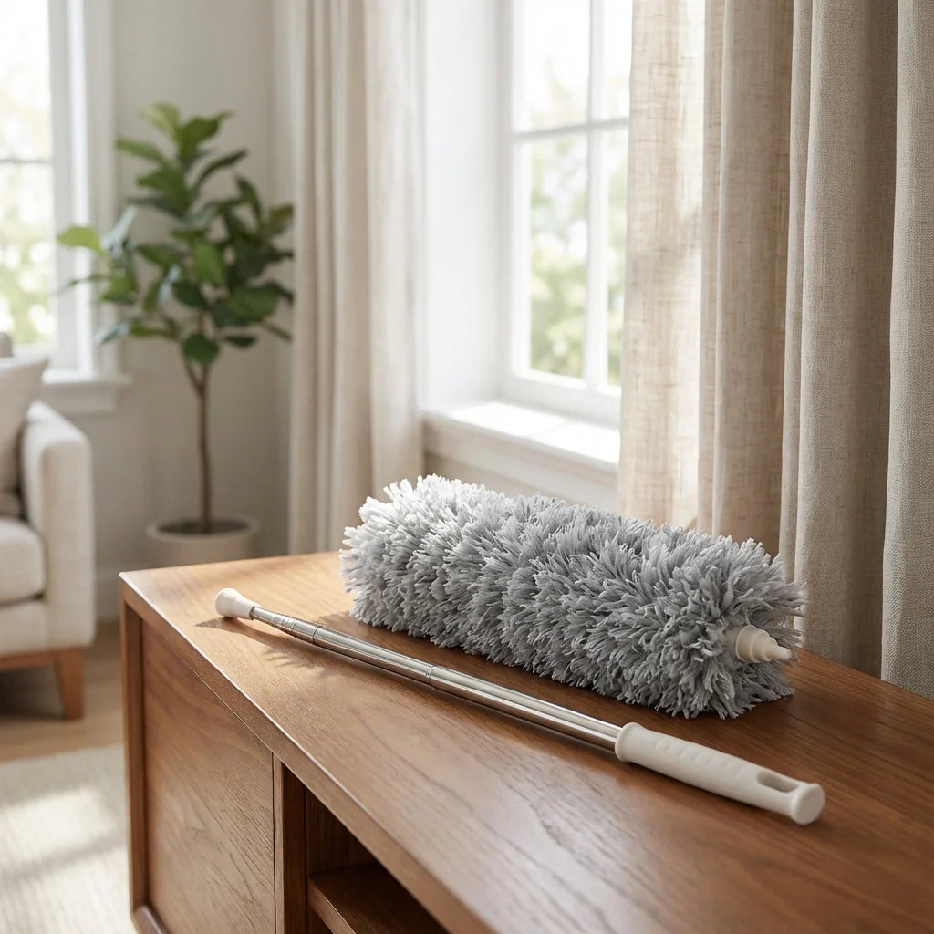 Microfiber extendable duster with gray fluffy head and white telescoping handle